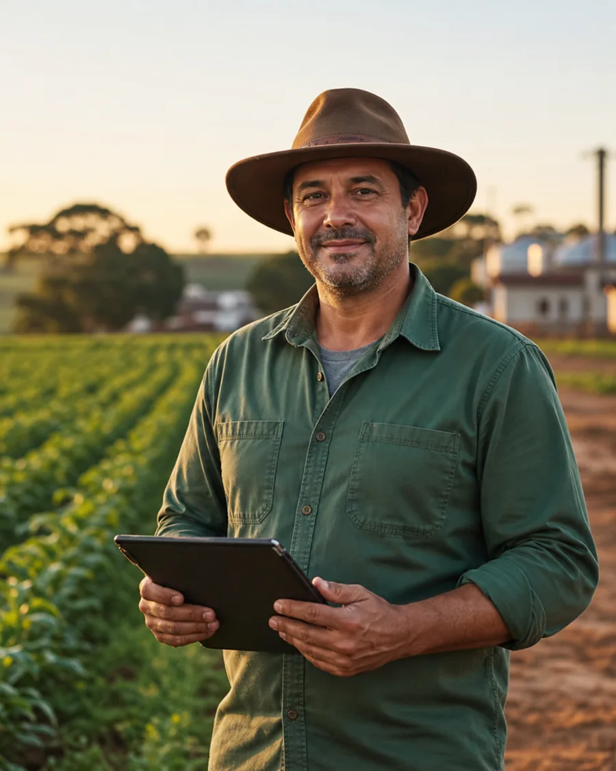 Cena ilustrativa de um produtor rural com um tablet no campo