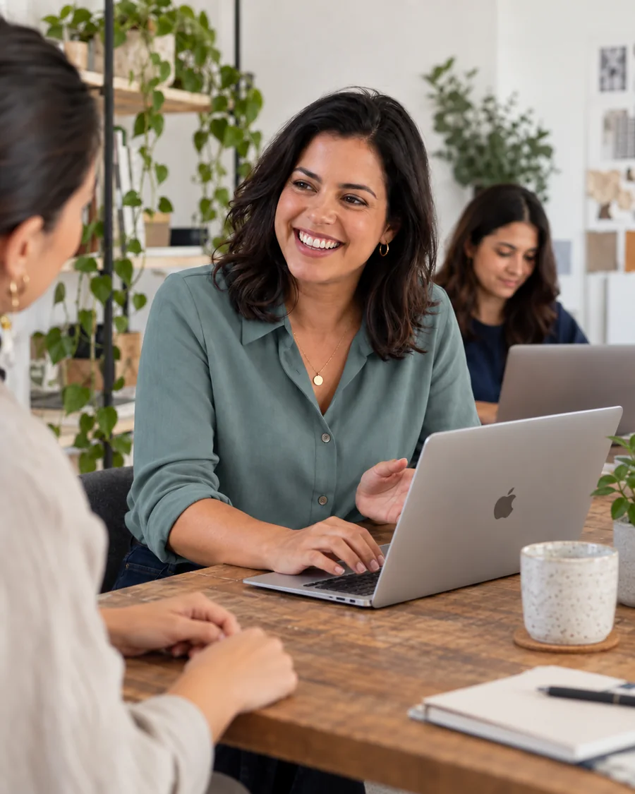 Cena ilustrativa de uma prestadora de serviços usando um MacBook em conversa com uma cliente